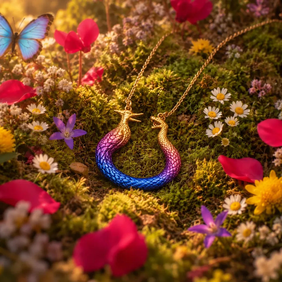 Pingente com cabeças douradas de serpente e de pássaro, frente a frente, e corpo em gradiente de magenta a azul-royal, numa corrente dourada sobre musgo, margaridas e pétalas.